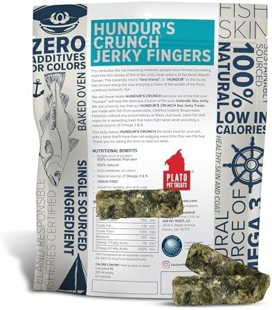 PLATO Pet Treats Fish Dog Treats - Air-Dried, Single Ingredient Dog Treat - with Omega 3 & 6 Fatty Acids to Support Skin and Coat - Cod Fish Skin - Hundur’s Crunch Jerky Fingers - 10 oz - 2 Pack