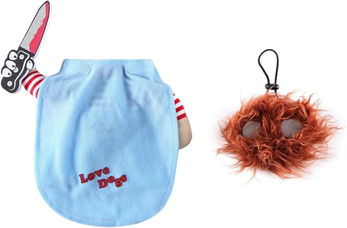 Puppy Deadly Doll Dog Costume, Pet Cosplay Clothes Halloween Christmas Funny Party Costume for Cats and Small Dogs (Small, Blue)