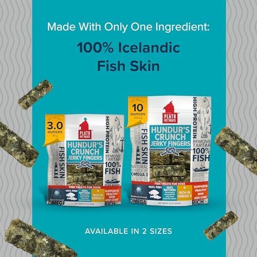 PLATO Pet Treats Fish Dog Treats - Air-Dried, Single Ingredient Dog Treat - with Omega 3 & 6 Fatty Acids to Support Skin and Coat - Cod Fish Skin - Hundur’s Crunch Jerky Fingers - 10 oz - 2 Pack