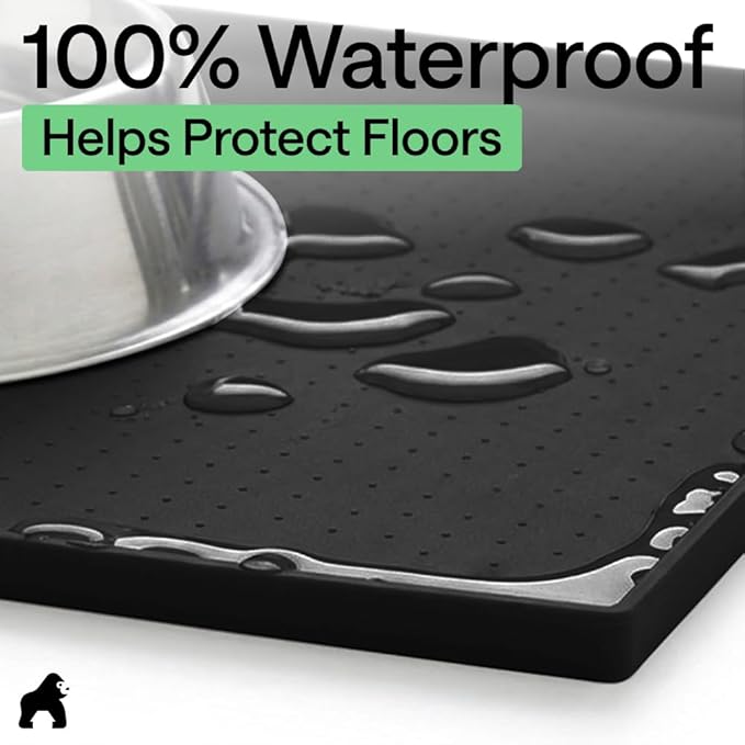 GORILLA GRIP 100% Waterproof Raised Edge BPA Free Silicone Pet Feeding Mat, Dog Cat Food Mats Contain Spills Protects Floors, Placemats for Cats and Dogs Water Bowl, Pets Accessories 23x15 Black