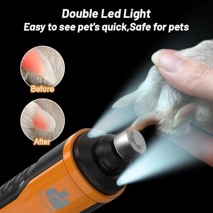 Electric Pet Nail Grinder with LCD Display, 6 Speed Levels, Dual LED Lights, Rechargeable, for Dogs, Cats, Small Animals, Orange