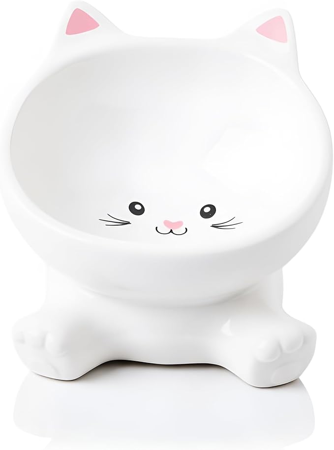 Elevated Cat Bowls, 4.9 Inch Ceramic 3D Raised Cat Food Bowl for Whisker Fatigue, Slanted Cute Kitten Food Bowl & Porcelain Water Dish 4.5 OZ, Anti-Vomiting, Protects Pet’s Spine, 1 Piece