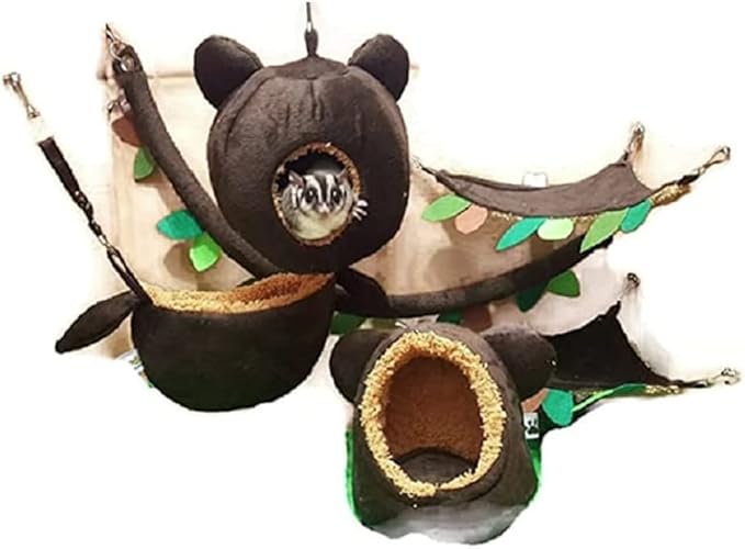 6 Pieces Cute KPS Jungle Bear Style Sugar Glider Hamster Squirrel Chinchillas Small Pet Cage Set Forest Bear Pattern Dark Brown Color Get Free 1 Small Pet Treats (Dry Fish Stick)