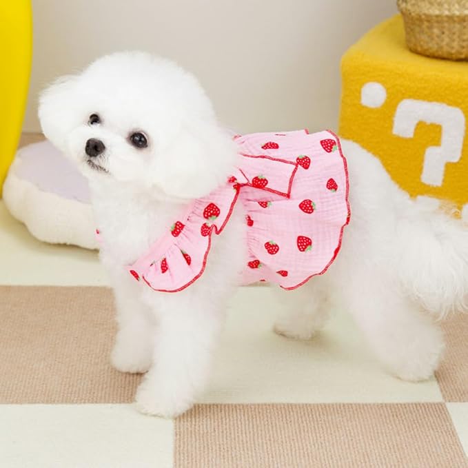 2 Pack Strawberry Dog Dresses with D-Ring Summer Puppy Clothes for Small Dog Girl Spring Cat Outfit Cotton Sleeveless Pet Dress for Kitten Chihuahua Pomeranian Yorkie (Pink White, Large)