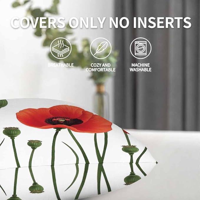 Throw Pillow Covers Red Poppies Field and Green Bud Watercolor Soft Square Pillowcase,Cushion Case for Couch Sofa Bed Bedroom Car Living Room 18X18 Inch Pack of 2