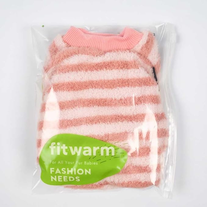 Fitwarm Fuzzy Fleece Stirped Dog Pajamas, Dog Winter Clothes for Small Dogs Girl, Cozy Dog Onesie, Pet Jumpsuit, Doggy Apparel, Pink, White, Large