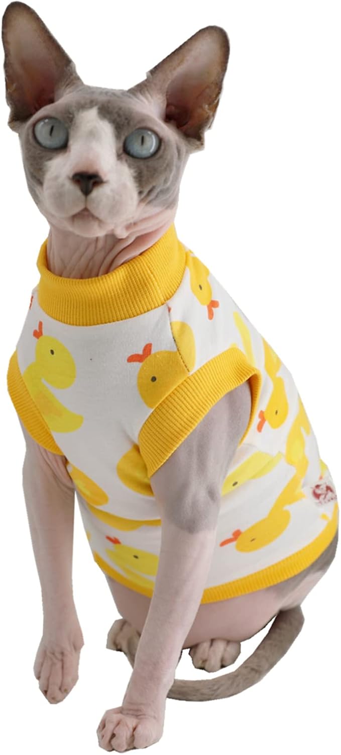 Sphynx Hairless Cat Summer Cotton T-Shirts Cat Vest Pet Clothes,Round Collar Vest Kitten Shirts Sleeveless, Cats & Small Dogs Apparel (X-Large, Yellow Ducks)