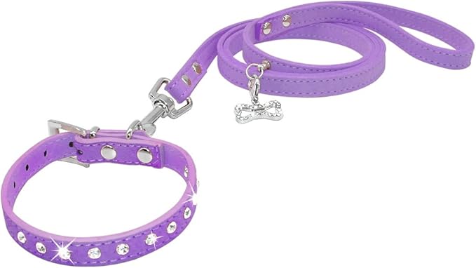 Dogs Kingdom 10 "-16.5" Total Length Suede Skin Jeweled Rhinestones Pet Dog Collar Leash Set Sparkly Crystal Diamonds Studded Leather Puppy Dog Cat Collar Leash Set Purple M