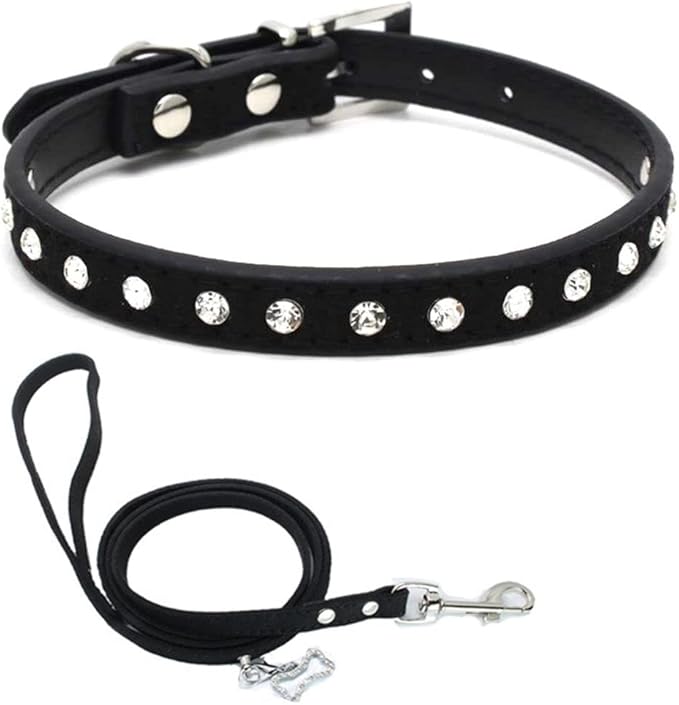 Puppy Collar and Leash with Bling Diamond, Pretty Crystal Sparkly Rhinestone Glitter Jewel Girls Cat Collars for XXS Xs Small Medium Pet Female Dogs Boys Kitten, Black XXSmall