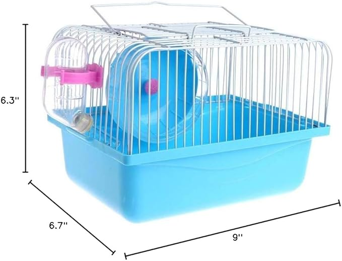 Small Pet Hamster Cage with Running Wheel Water Bottle Food Basin Portable Carrier House Mice Home Habitat for Going Out, Traveling (Blue)