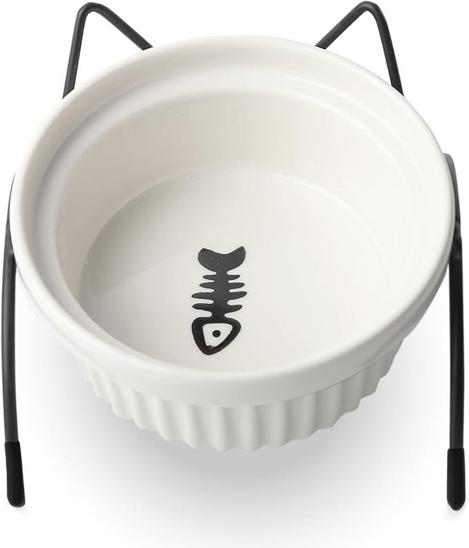 Elevated Ceramic Cat Bowl with Metal Stand – Non-Slip White Pet Food Tray with Herringbone Design Helps Reduce Neck Strain for Small and Medium Cats and Dogs