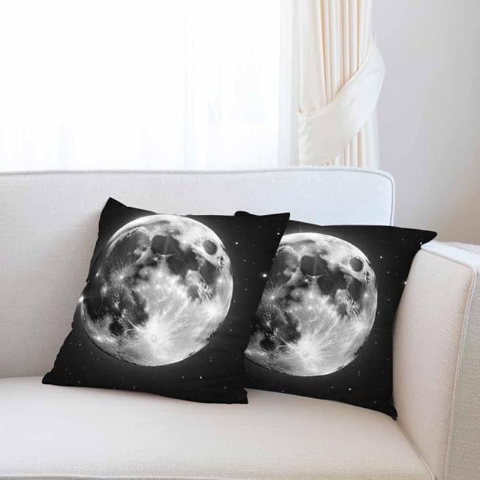 Decor Throw Pillow Case Full Moon Bright with Stars in Black Universe Set of 2 Cushion Covers 18X18 Inch for Women Men for Couch Bedroom Living