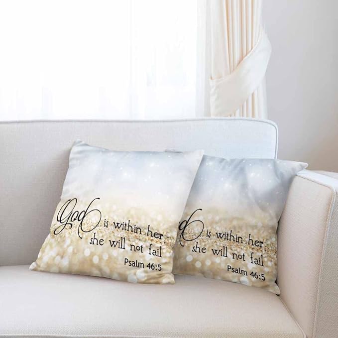 Pillow Cases Bible Verse Quote God is Within Her She Will Not Fail Pack of 2,Decorative Throw Pillow Covers for Couch Bedroom Living for Girl Boy 18X18 Inch