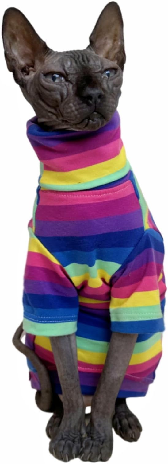 Vintage Stripes Sphynx Hairless Cats Shirt Cotton Cat Turtleneck Pet Clothes Kitten T-Shirts with Sleeves for Sphynx Cornish Rex, Devon Rex, Peterbald (Rainbow Stripe, X-Small (Pack of 1))