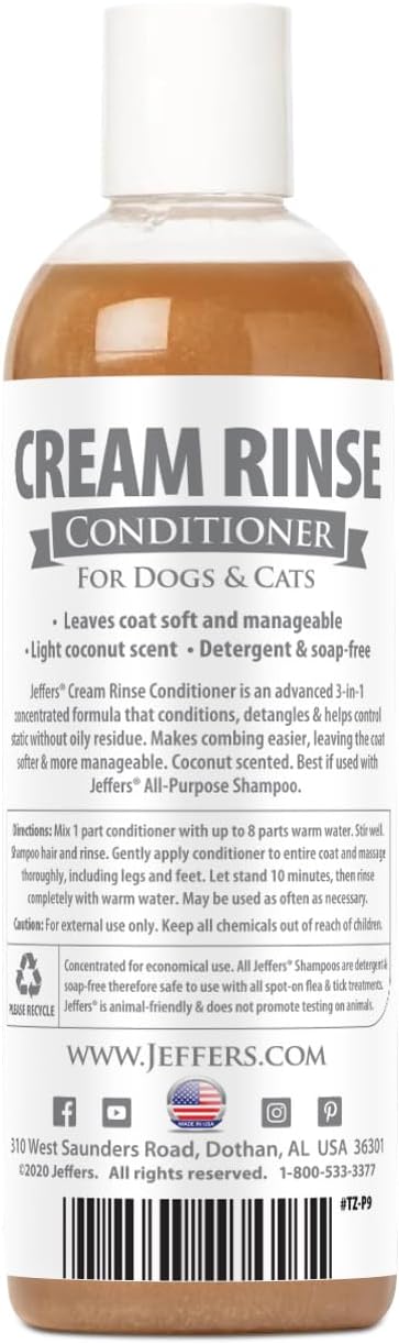 Jeffers Pet Cream Rinse 3in1 Conditioner, 17 Oz – Moisturizing & Detangling Formula for Dogs & Cats, Light Coconut Scent, Soap & Detergent Free, Safe Professional Grooming Pet Coat Care