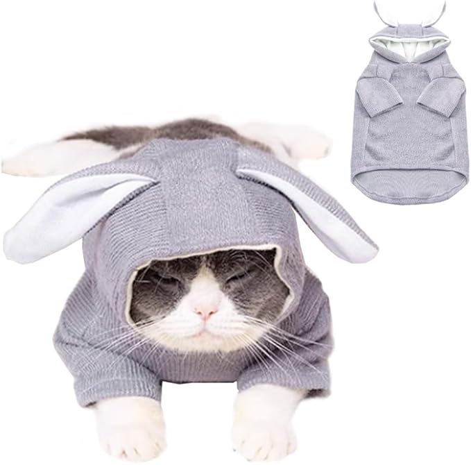 ANIAC Funny Small Dog Hoodies for Girl Boy Bunny Ears Dog Clothes Hooded Puppy Sweatshirt Cat Apparel Pet Costume for Easter Halloween Christmas Holiday (X-Large, Grey)