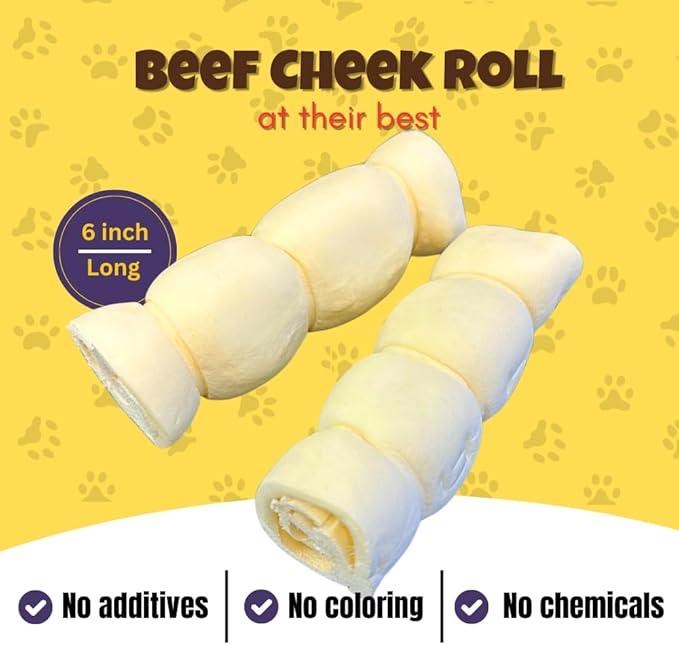 Woofley's 6 inches Buffalo Beef Cheek Roll -(50 Count)- Beef Cheek Rolls for Dogs - Long Lasting Natural Dog Chews