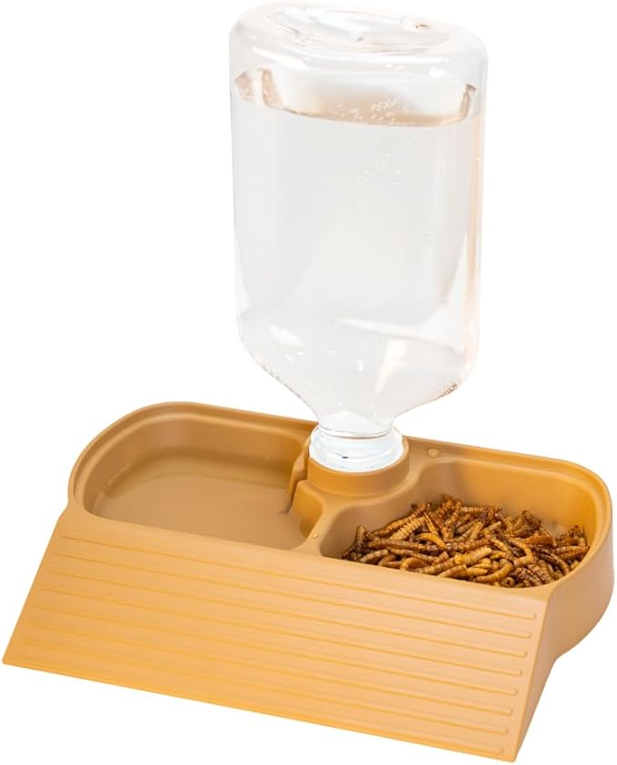 17oz 2 in 1 Terrarium Tank Reptile Food Feeders Bowl, Water Feeder Automatic Water Dispenser Waterer Feeding Accessories, for Geckos Lizards Turtle Bearded Dragons (Yellow)