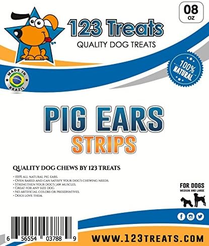 123 Treats Pig Ears Strips for Dogs - (8 Ounce) 100% Natural, Long Lasting & Highly Digestible Chew Treats, Single Ingredient, Slow Baked, Great for Puppy, Large & Medium Dogs