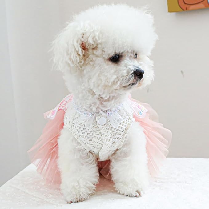 ANIAC Butterfly Dog Dress with Pink Tutu Funny Dog Clothes with Wing Girl Puppy Dress for Small Dogs Pet Butterfly Costume Holiday Cat Outfit for Halloween Birthday Wedding (Pink, Small)