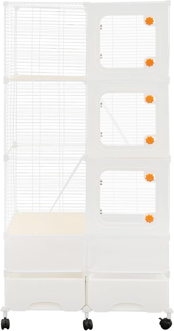 Small Animal Cage, Guinea Pig Cages with Rolling, Durable Front Doors, Chinchilla Cage with Scoop for Rat, Hamster, Guinea Pig, Squirrel (White, 61in)