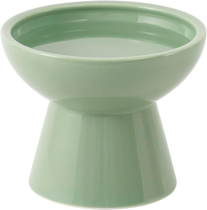 CEEFU Extra Wide Elevated Ceramic Cat Water Bowl - 6.2" Deeper Dish for Whisker Fatigue Relief, 5" Height for Easy Feeding, Lead & Cadmium Free, Durable Raised Cat Bowls, Green