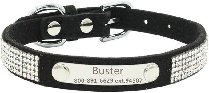 THAIN Rhinestones Personalized Dog Cat Collar Bling Diamond with Engraved Stainless Steel Nameplate for Small Medium Large Dogs (S, Black)