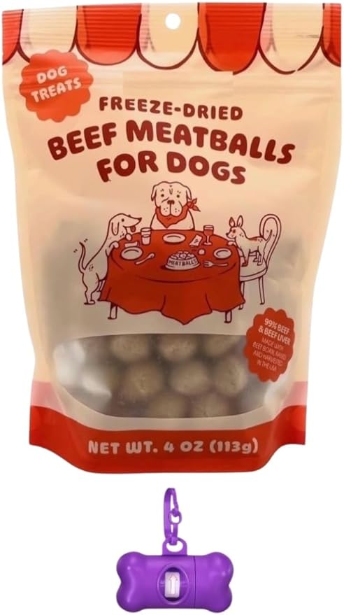 Trader Joe's Beef Meatballs for Dogs, Freeze Dried,Dog Treats 4 oz, Resealable Bag with Bone Waste Bag Dispenser & Free Rolls