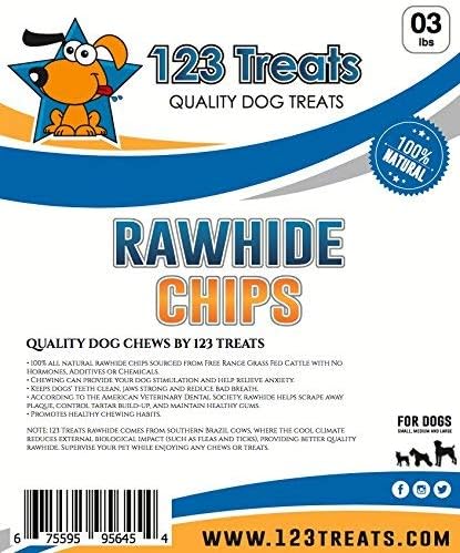 123 Treats Rawhide Chips, Premium Rawhide Dog Chews, Natural Grass Fed Livestock with No Hormones, Additives or Chemicals, Tasty Long Lasting Chews for Dogs, Improve Oral Health, 3 Lbs