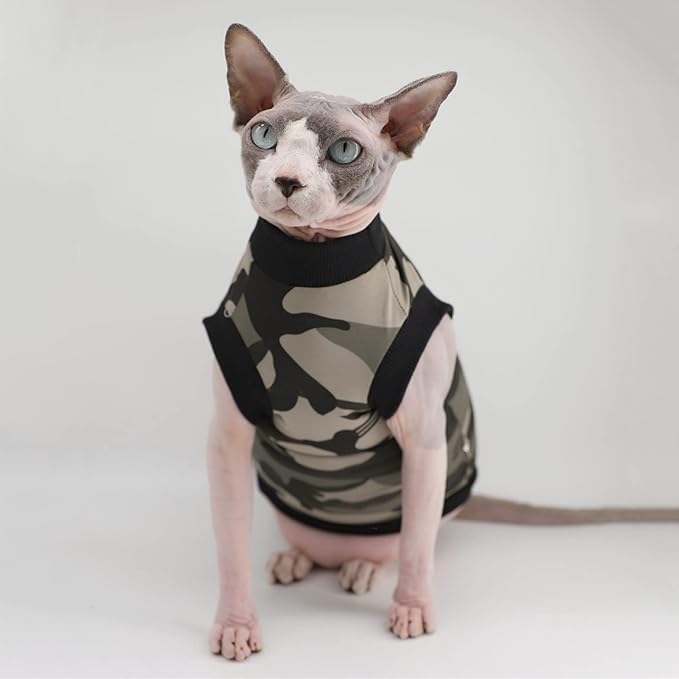 Sphynx Hairless Cat Summer Cotton T-Shirts Cat Vest Pet Clothes,Round Collar Vest Kitten Shirts Sleeveless, Cats & Small Dogs Apparel (XX-Large, Black Camo)