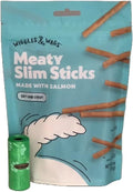 Wiggles & Wags Meaty Slim Sticks Made with Salmon Dog Treats. One Six Ounce Bag. One Biggs Dog Waste Roll.