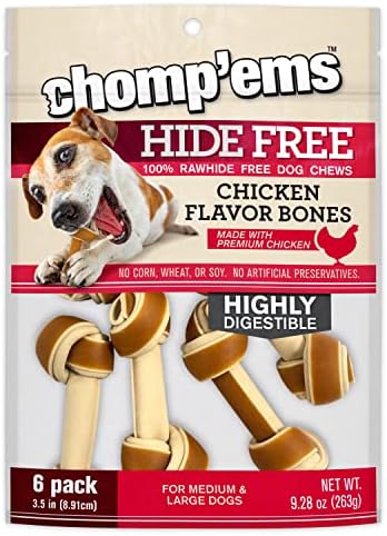 CHOMP 'EMS Chicken Hide Free Dog Chews - Rawhide Free Dog Treats - No Hide Alternative Chew Treat for All Life Stages, Bone, 3.5", 6 Count