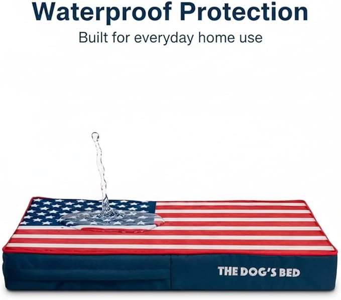 The Dog’s Bed Orthopedic Memory Foam Dog Bed for Medium Dogs, Waterproof Washable Cover, Anti-Slip Base, Calming Surface – CertiPUR-Certified Foam, Blue with Red Trim USA Center Flag, 4 Inch Thick