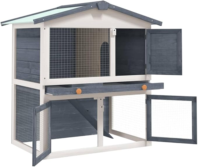Rabbit Hutch for Outdoor and Indoor Use Solid Pine Wood Powder-Coated Iron Mesh Grey Rectangular 37x37x39in Small Animal Cage House with Double-Door Access for Rabbits Bunnies