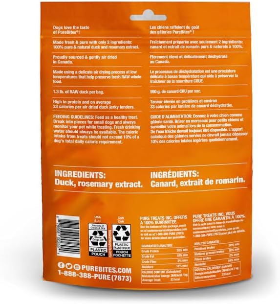 PureBites Duck Jerky Dog Treats, 2 Ingredients, Made in Canada, 5.5oz