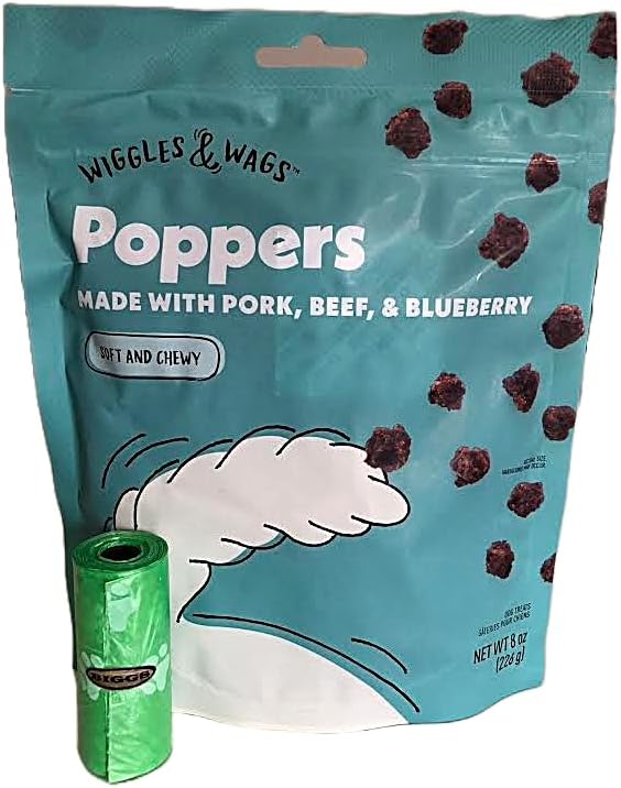 Wiggles & Wags Poppers Made with Pork, Beef and Blueberry Soft and Chewy Dog Treats. Plus Biggs Dog Waste Bags. 1-8oz (226 g) Bag.