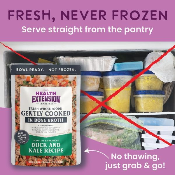 Health Extension Gently Cooked Grain-Free Duck & Kale Dog Food, Human-Grade & Shelf-Stable with Superfoods, Supports Digestion, Immunity, Skin & Coat, 9 oz Pouch (Pack of 5)