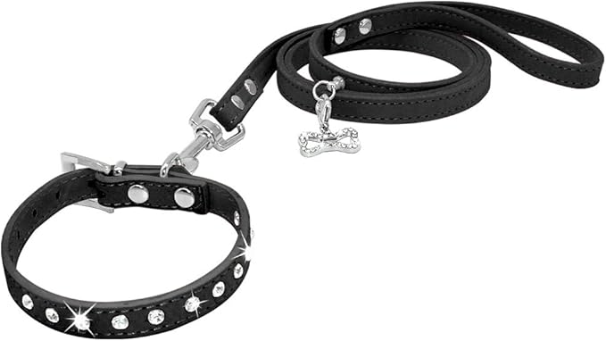 Dogs Kingdom 10 "-16.5" Total Length Suede Skin Jeweled Rhinestones Pet Dog Collar Leash Set Sparkly Crystal Diamonds Studded Leather Puppy Dog Cat Collar Leash Set Black XXS