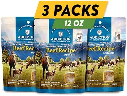 Addiction Meaty Bites - Hypoallergenic Dog Treats - Made in New Zealand - High Meat Content - Gluten and Grain-Free - Soft and Allergy Friendly Dog Treats (Beef, 4 Ounces - 3 Packs)