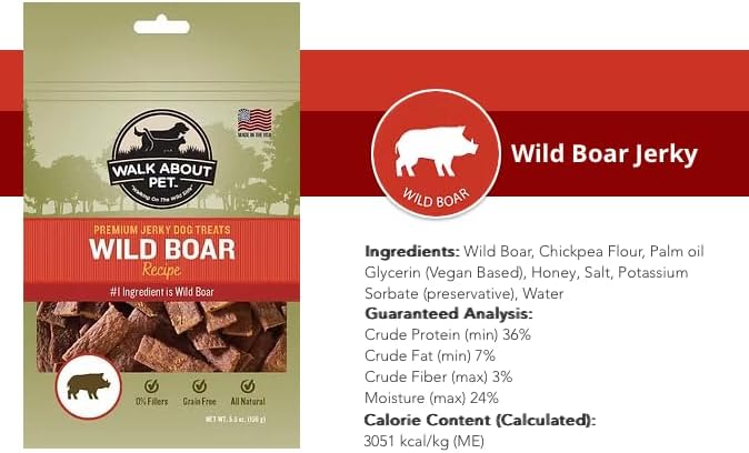 Walk About Pet, WA10004, Premium Jerky Dog Treats, Grain-Free, Gluten-Free, Single Source Protein, Wild Boar Recipe, Resealable Pouch, 5.5 Ounces