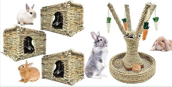 Hamiledyi Bunny Chew Toys Rabbit Rattan Grass Scratcher Climbing Tree Fun Tree Carrot Play Toys Hamiledyi 3PCS Grass House for Rabbit, Edible Bunny Hut Natural Grass Woven Foldable Pet Play