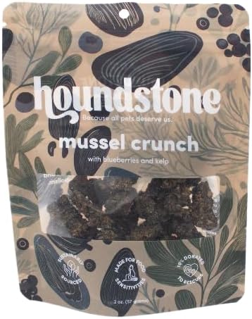 Houndstone Dog Treats, Mussel Crunch, Dehydrated, Limited Ingredient, 2 oz, Sea Mussel, Blueberry & Kelp Formula, High Protein
