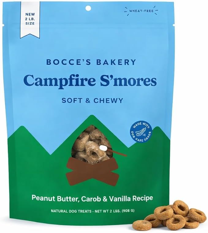 Bocce's Bakery Soft & Chewy Campfire S’Mores Dog Treats, 2 lbs | Wheat-Free, All Natural Ingredients | Made with Peanut Butter & Vanilla| Healthy, USA-Baked Snacks for Dogs