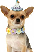 Handmade Dog Outfit– Ice Cream Cat Hat & Floral Wreath Dog Collar for Rabbits, Cats and Small to Medium Dogs, Adjustable Cute Cat Outfit for Birthday, Holiday, Daily Wear & Photos