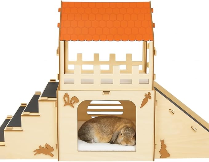 OtterPets Extra Large Bunny Hideout, Cozy Rabbit Castle with Fleece Mats, Wooden Rabbit Hideout, Bunny House Indoor Indoor, Chinchilla, Guinea Pig House (Pet Safe Wood Joints)