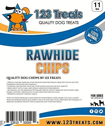 123 Treats Rawhide Chips, Premium Rawhide Dog Chews, Natural Grass Fed Livestock with No Hormones, Additives or Chemicals, Tasty Long Lasting Chews for Dogs, Improve Oral Health, 11 Lbs