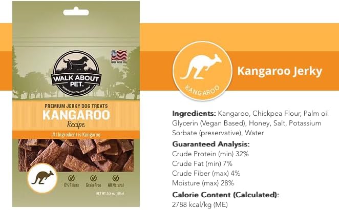 Walk About Pet, WA10003, Dog Jerky Treats, Grain-Free, Gluten-Free, Single Source Protein, Kangaroo Recipe, Resealable Pouch, 5.5 Ounces