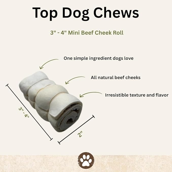 Top Dog Chews – 3” Mini Cheek Rolls, 10 Pack, Long Lasting Dog Bones for Aggressive Chewers, Rawhide Free Dog Treats