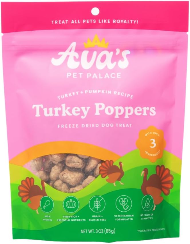Ava's Pet Palace Turkey Poppers – Freeze-Dried Turkey Dog Treats with Pumpkin | High Protein, Grain-Free, Single-Ingredient Training Treats & Food Topper | Made in USA | No Preservatives