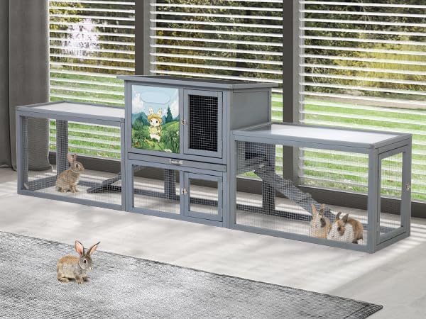 COZIWOW Large Wooden Rabbit Hutch Outdoor Indoor, 94.5" L 2-Level Bunny Cage for 2 or More Small Animals with Removable Tray & Multiple Entrances (Grey)